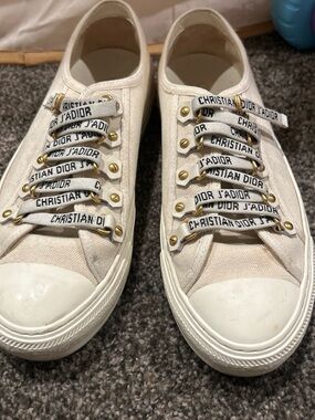 Dior White Canvas J'Adior Lace-Up Sneakers with Gold Eyelets
